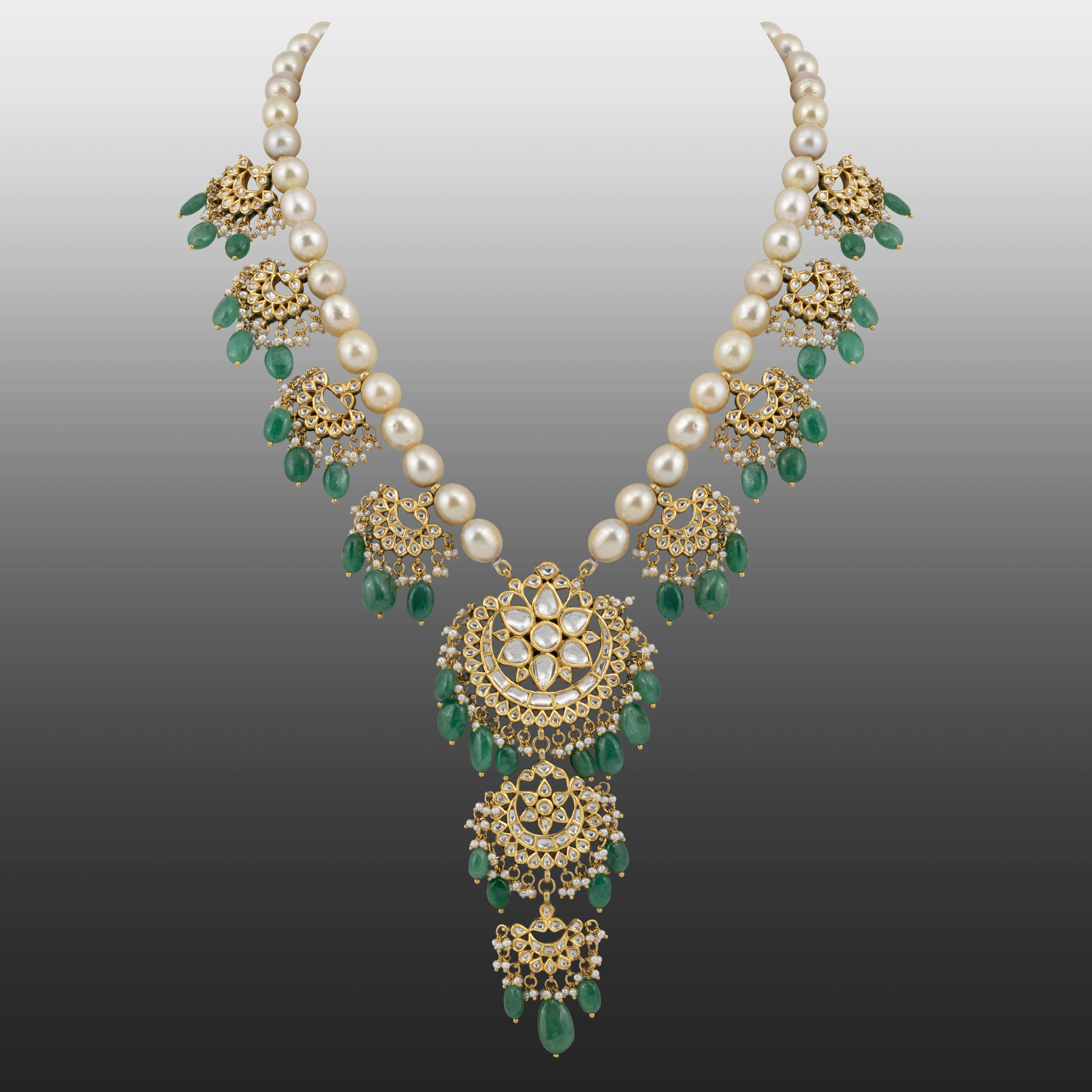 Pearl Chandbali Necklace with Emerald Drops
